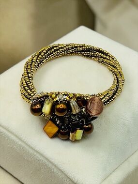 Indigenous Beaded wrap Bracelet Gold, Cream, & Brown Stone Gold Beaded